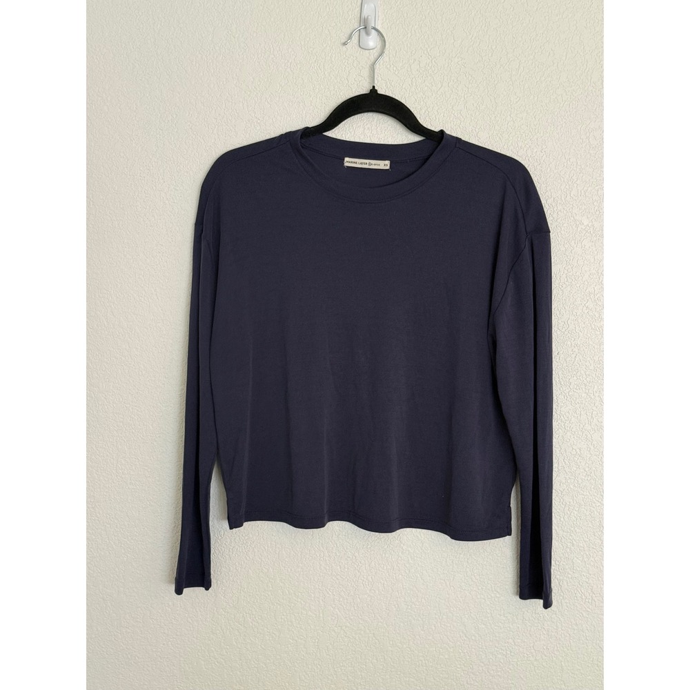 Marine Layer Re-Spun Ribbed Soft Boxy Cropped Long Sleeve Top Navy Blue XS